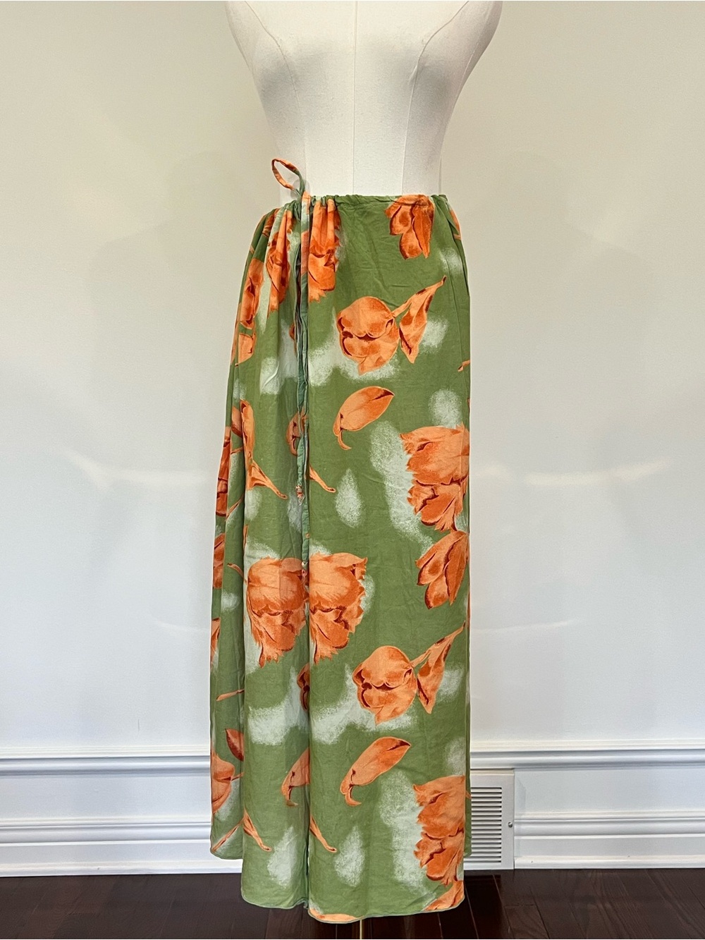 Vintage 90s Sage Green Floral Rayon Sarong Wrap Maxi Skirt Coastal Boho OS